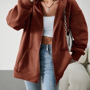 Hoodie Long Sleeve Plain Regular Loose Jacket For Women, Jackets, color:Brown|size:XL, Noracora