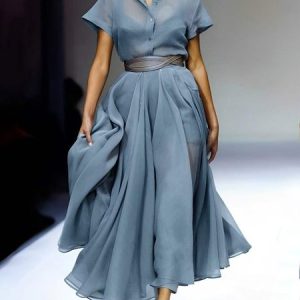 Shirt Collar Plain Urban Fit Midi Dress With Belt, Midi Dresses, color:Aqua blue|size:XXL, Stylewe