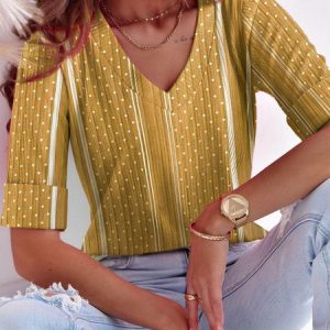 V Neck Regular Fit Polka Dots Casual T-Shirt, T-Shirts, color:Yellow|size:XXL, JustFashionNow