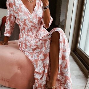 Vacation V Neck Buttoned Dress, Maxi, color:Nudepink|size:XXL, Noracora