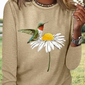 Women's Hummingbird on Daisy Casual Crew Neck Shirt, color:Khaki|size:3XL, Lilicloth.com