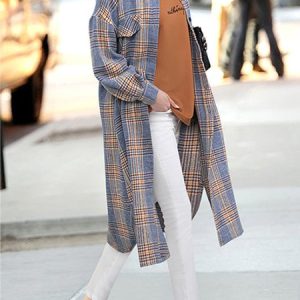 Loose Regular Sleeve Shirt Collar Vintage Plaid Trench Coat, Trench Coats, color:Blue|size:3XL, JustFashionNow