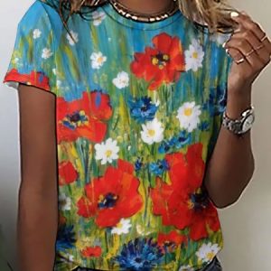 Women's Wild Flower Crew Neck Casual T-Shirt, T-shirts, Lilicloth.com