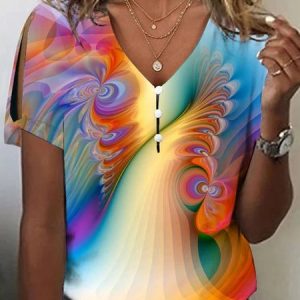 Gradient Pattern Loose V Neck Casual T-Shirt, T-Shirts, color:Orange|size:XXL, JustFashionNow
