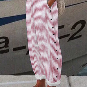 Striped Casual Buttoned Pants, Pants, color:Red|size:XXL, JustFashionNow