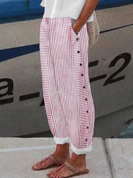 Women's H-Line Straight Pants Daily Going Out Pants Casual Buttoned Cotton Striped All Season Pants, JustFashionNow Pants, color:Red|size:XXL,