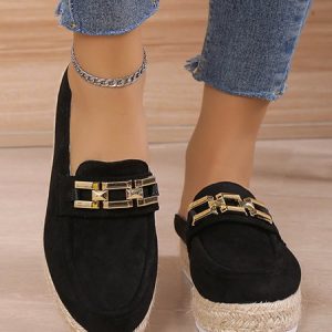 Metal Chain Decor Vacation Espadrilles Platform Mules, Flats, color:Black|size:43, JustFashionNow