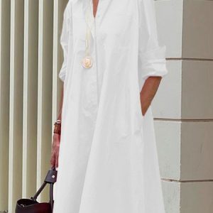 Shirt Dress Long sleeve Plain Simple Dress, Midi Dresses, color:White|size:XS, Stylewe