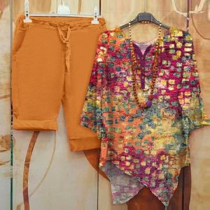 V Neck Ombre Vacation Loose Two-Piece Set, Suit Set, color:Orange|size:XXL, JustFashionNow