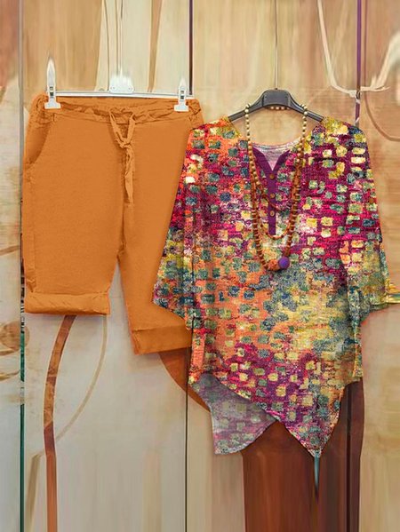 V Neck Ombre Vacation Loose Two-Piece Set, Suit Set, color:Orange|size:XXL, JustFashionNow