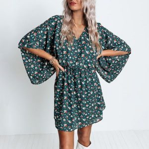 Women Disty Floral V Neck Half Sleeve Comfy Vintage Short Dress, Short, color:Green|size:XXL, Noracora