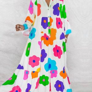 Vacation Floral Print Loose V Neck Dress, Maxi Dresses, color:White|size:XXL, Stylewe