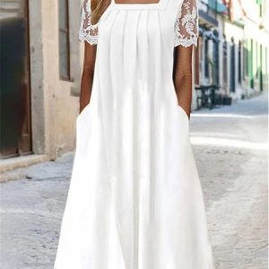 Jersey Plain Casual Loose Dress, Maxi, color:White|size:XXL, Noracora