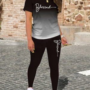 Women Ombre Crew Neck Short Sleeve Comfy Casual Top With Pants Two-Piece Set, Sets, color:Black|size:3XL, Noracora