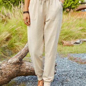 Solid Bamboo Casual Pants, Pants, color:0895-Kaki|size:XXL, JustFashionNow
