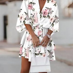 Women Casual Floral Dress Boho Vacation Beach Clothing, Dresses, color:White|size:XXL, JustFashionNow