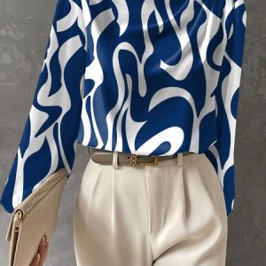 Loose Urban Abstract Stripes Half Turtleneck Blouse, Blouses and Shirts, color:white-blue|size:XXL, Stylewe