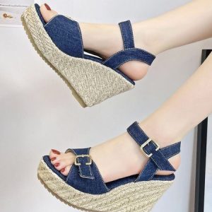 Blue Denim Resort Straw Wedge Sandals, Sandals, color:Dark Blue|size:42, Noracora