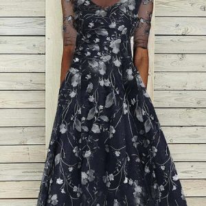 Crew Neck Urban Floral Prom Dress, Dresses, color:Blue|size:XXL, JustFashionNow