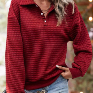 Women's Waffle Knit Shirts V Neck Long Sleeve Henley Tee Loose Casual Tops, Sweatshirts & Hoodies, color:Red|size:XXL, JustFashionNow