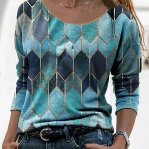 Women's Geometric Printed Roumd Neck Long Sleeve Casual Top, T-shirts, color:Blue|size:XXL, Noracora