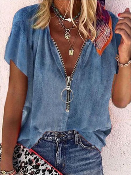 Casual Solid Short Sleeve Top, Shirts & Blouses, color:Blue|size:XXL, JustFashionNow