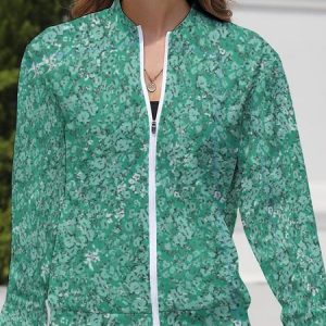 Crew Neck Long Sleeve Disty Floral Regular Regular Fit Pilot Jacket For Women, Jackets, color:Green|size:XL, Noracora