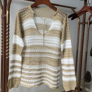 Women Wool/Knitting Striped Long Sleeve Comfy Casual Hollow Out Sweater, Sweaters, color:Khaki|size:One-size, Noracora