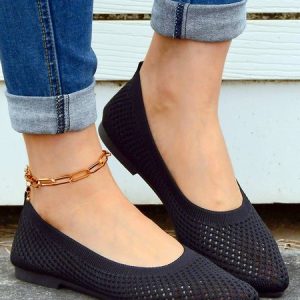 Casual Plain Breathable Slip On Flat Heel Shallow Shoes Hollow Out, Flats/Loafers, color:Black|size:40, Noracora
