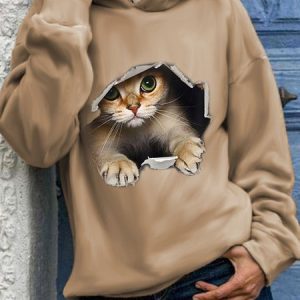 Hoodie Cat Printed Casual Plush Sweatshirt, Hoodies & Sweatshirts, color:Khaki|size:XXL, Noracora