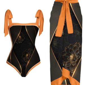 Floral Square Neck Vacation Printing One Piece With Cover Up, swimwear>>Bikini Sets, color:Black|size:XXL, JustFashionNow