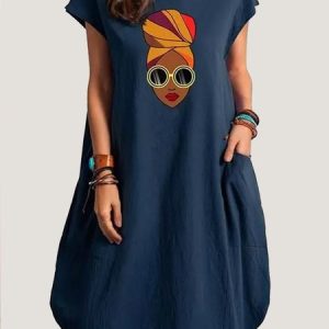 Vacation Loosen Figure Short Sleeve Woven Dress, Mini Dresses, color:Dark Blue|size:XS, Stylewe