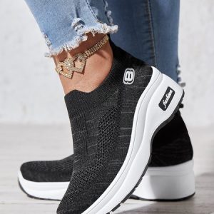 Breathable Mesh Fabric Slip-on Platform Sneakers, Sneakers, color:Black|size:41, JustFashionNow