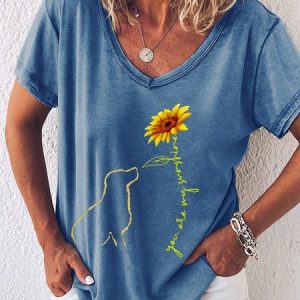 Women's You Are My Sunshine Dog Sunflower Casual Letters Cotton T-Shirt, color:Blue|size:3XL, Lilicloth.com