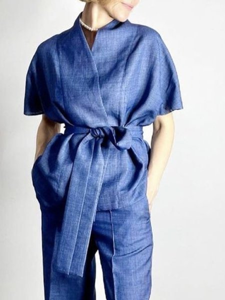 Short sleeve Daily Cross Neck Elegant Vest, Blazers, color:Blue|size:XXL, Stylewe