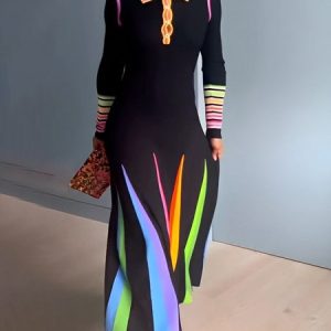 Regular Fit Color Block Shirt Collar Elegant Midi Dress With No Belt, Midi Dresses, color:Black|size:XXL, Stylewe