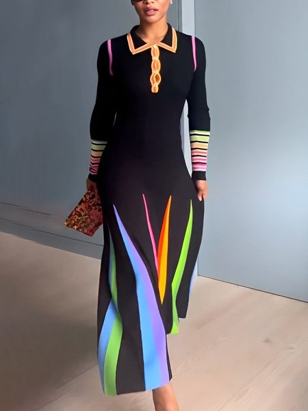 Regular Fit Color Block Shirt Collar Elegant Midi Dress With No Belt, Midi Dresses, color:Black|size:XXL, Stylewe