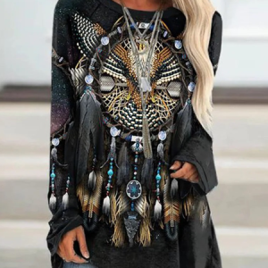 Ethnic Crew Neck Casual T-Shirt, T-Shirts, color:Black|size:XXL, JustFashionNow