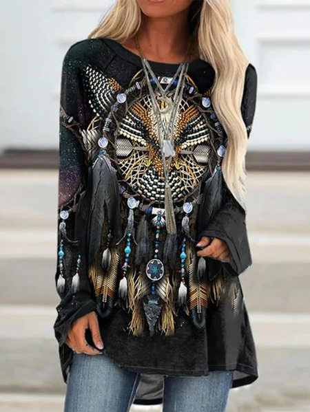Ethnic Crew Neck Casual T-Shirt, T-Shirts, color:Black|size:XXL, JustFashionNow
