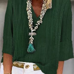 Casual V Neck Loose Plain Shirt, Shirts & Blouses, color:Green|size:XXL, JustFashionNow