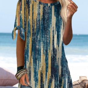 Casual Striped Short Sleeve Shirt, Blouses, color:Blue|size:XXL, Noracora