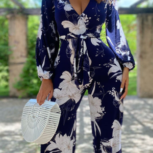Long Sleeve V Neck Loose Long Daily Casual Floral High Waist For Women, Jumpsuits&Rompers, color:Blue|size:XL, Noracora