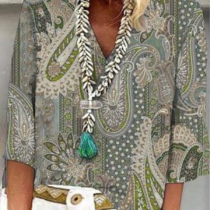JFN V Neck Casual Ethnic Blouse Paisley 3/4 Sleeve Top, Shirts & Blouses, color:Yellow|size:XXL, JustFashionNow
