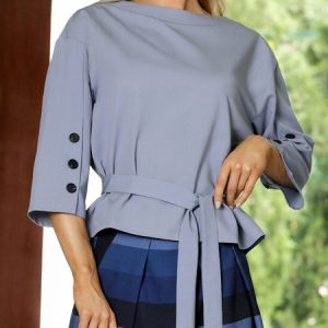 Buttoned Plain Urban Crew Neck Blouse, Blouses and Shirts, color:Gray|size:XXL, Stylewe