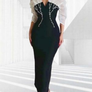 Regular Fit Elegant Color Block Dress, Maxi Dresses, color:As Picture|size:XXL, Stylewe