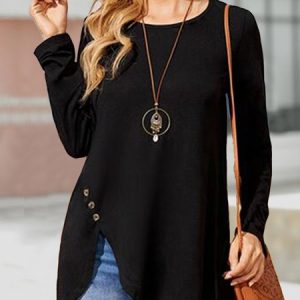 Crew Neck Plain Casual Buttoned T-Shirt, T-Shirts, color:Black|size:XXL, JustFashionNow