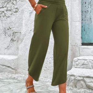 Loose Plain Casual Solid Slant Pocket Ruched Waist Straight Leg Pants, Pants, color:Green|size:XXL, JustFashionNow