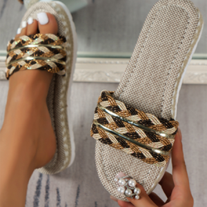 Holiday Linen Contrast Woven Straw Sole Slippers, Sandals, color:As Picture|size:43, JustFashionNow