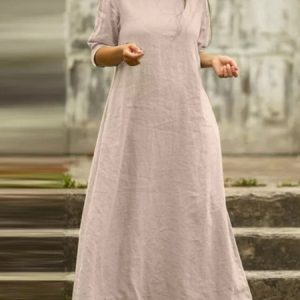 Cotton And Linen Casual Loose Plain Dress With No, Dresses, color:Apricot|size:3XL, JustFashionNow