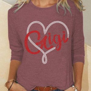 Women Gigi Heart Simple Regular Fit Long Sleeve Top, color:Red|size:3XL, Lilicloth.com